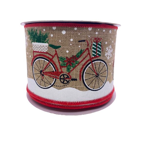 9 Feet 2.5” Beige Winter Bicycle Wired Christmas Ribbon Snowflakes Pine Trees - Picture 1 of 1